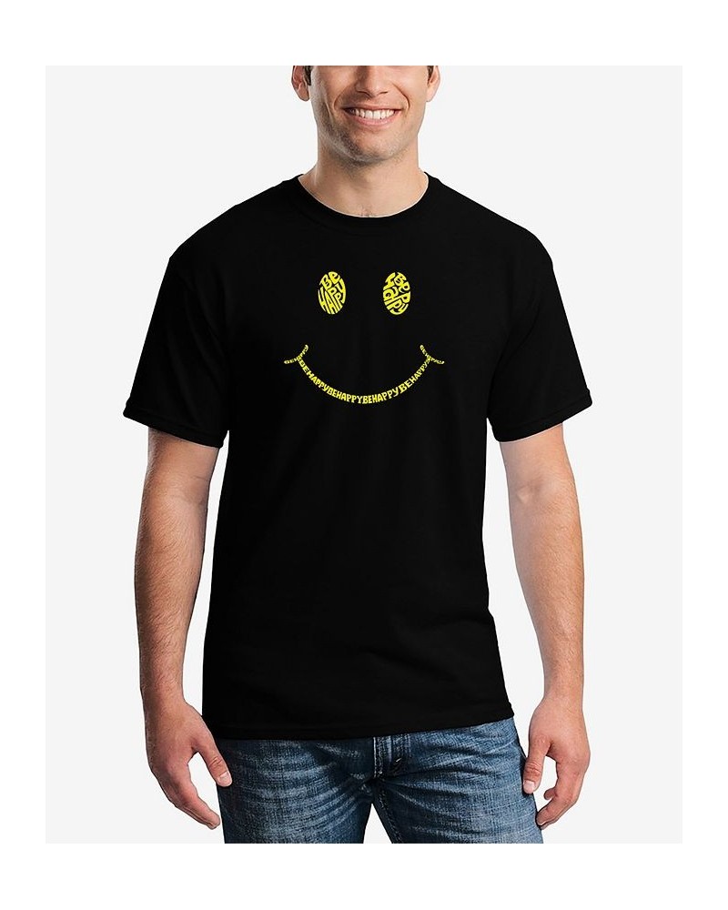 Men's Be Happy Smiley Face Word Art Short Sleeve T-shirt Black $18.19 T-Shirts