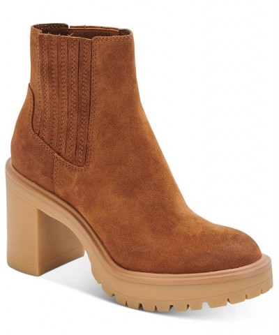 Women's Caster H2O Lug Sole Cheslea Booties Camel Suede $52.46 Shoes