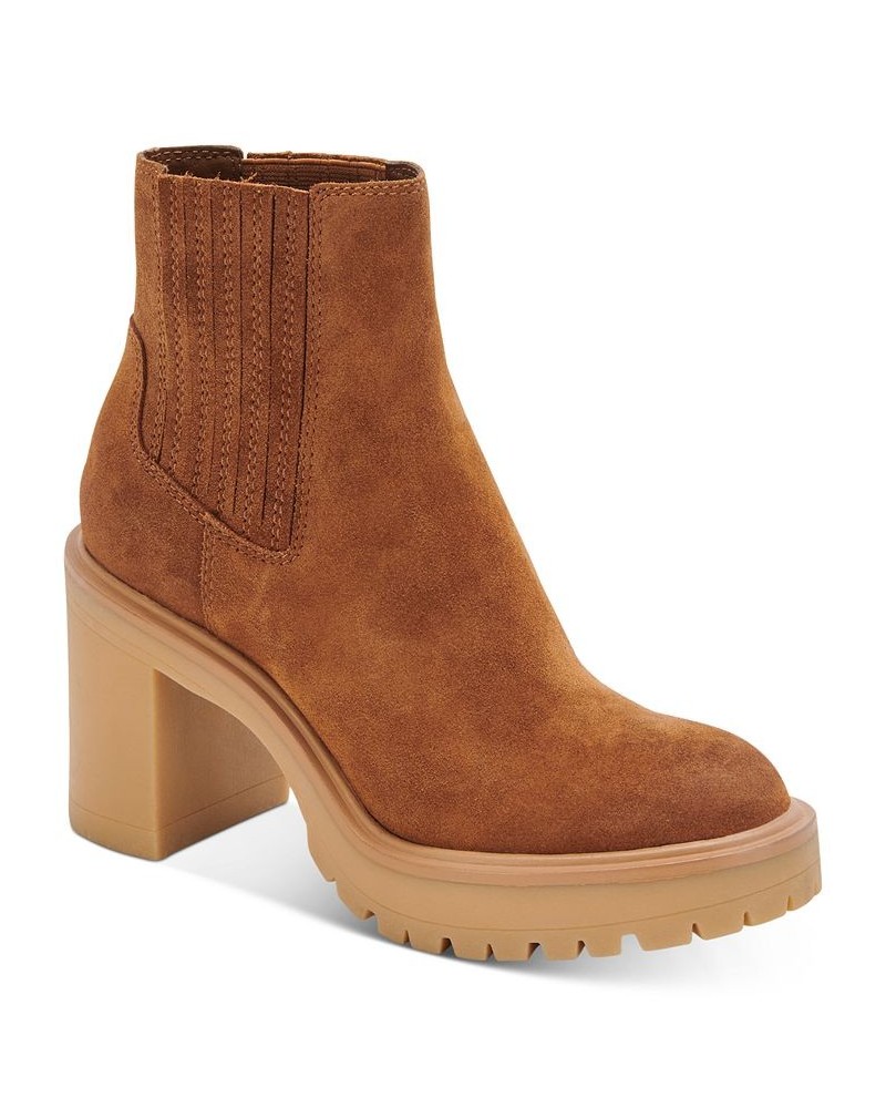 Women's Caster H2O Lug Sole Cheslea Booties Camel Suede $52.46 Shoes