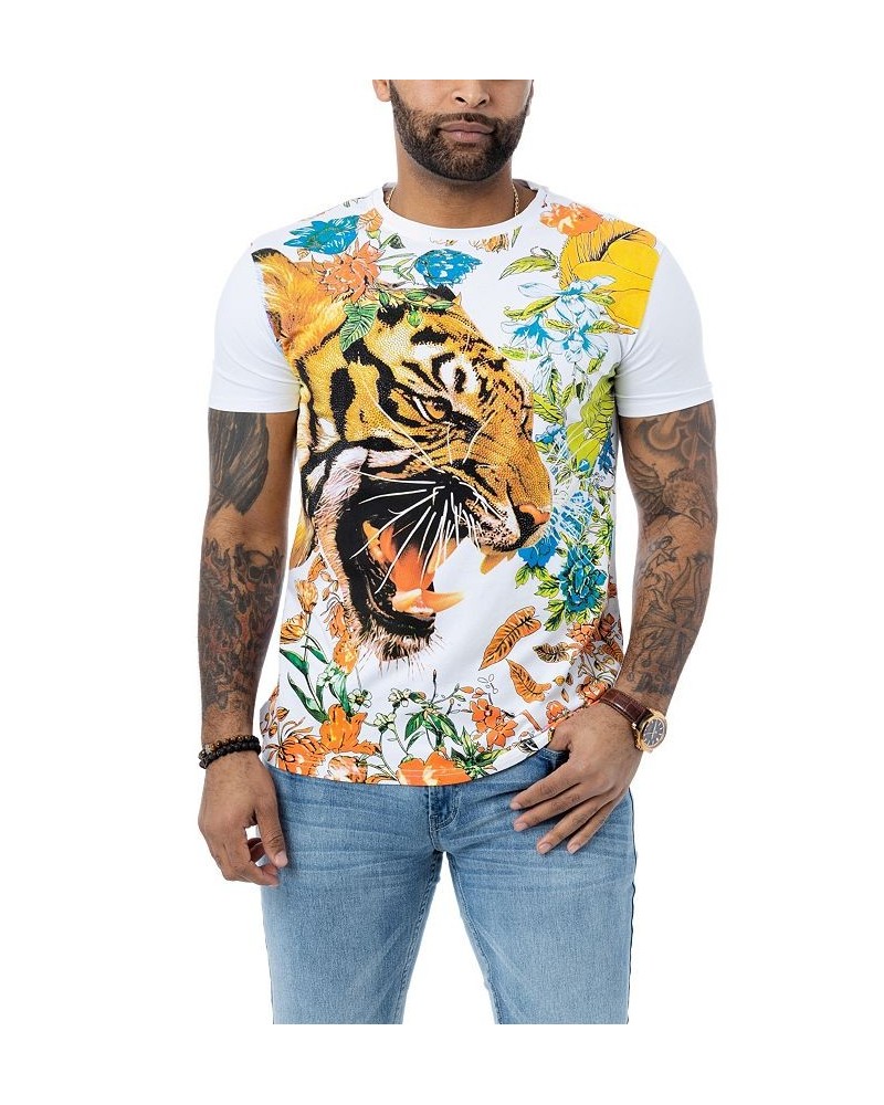 Men's Flower Tiger Rhinestone T-shirt White $23.40 T-Shirts