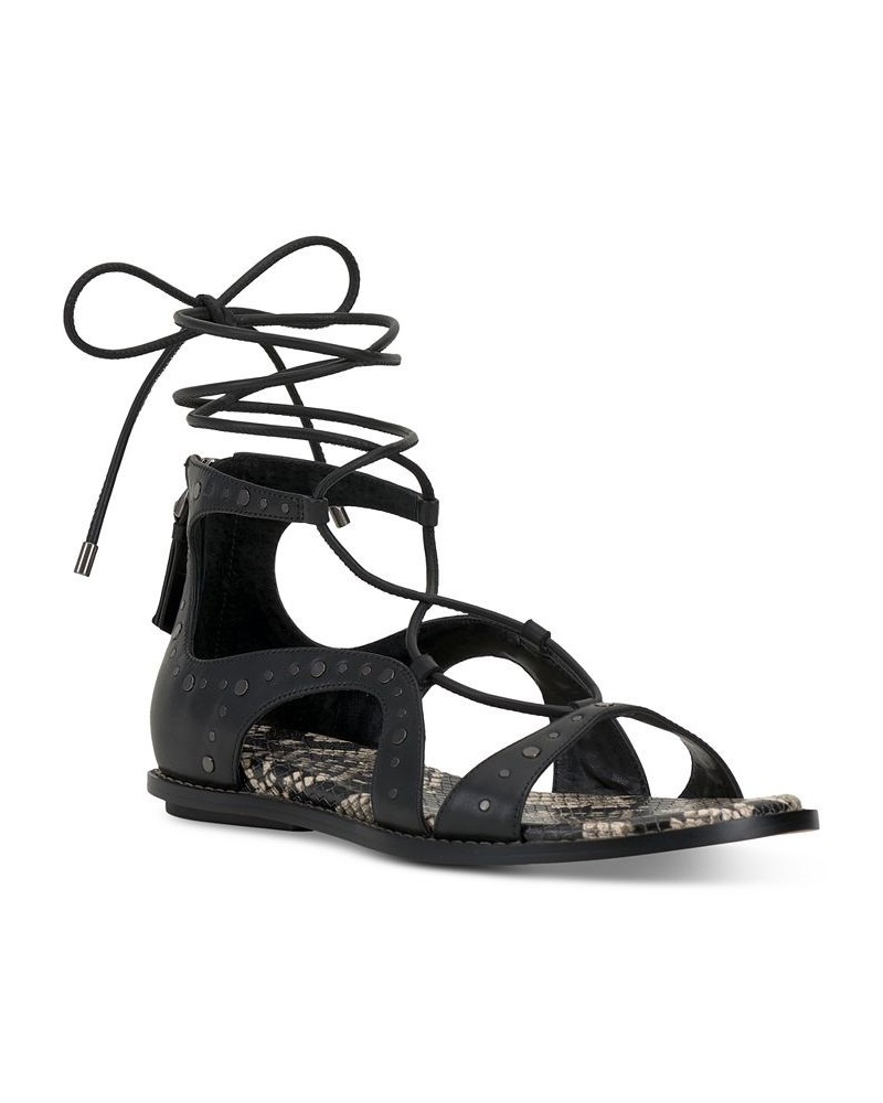 Dawnicee Studded Lace-Up Flat Sandals Black $46.44 Shoes