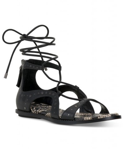 Dawnicee Studded Lace-Up Flat Sandals Black $46.44 Shoes