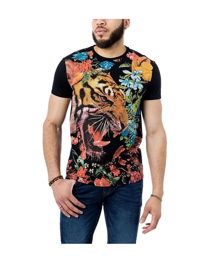 Men's Flower Tiger Rhinestone T-shirt Black $23.40 T-Shirts