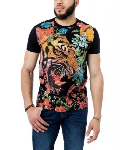 Men's Flower Tiger Rhinestone T-shirt Black $23.40 T-Shirts