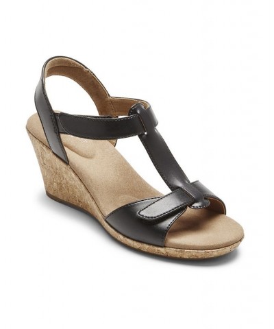 Women's Blanca T Strap Wedge Sandals Black $41.76 Shoes