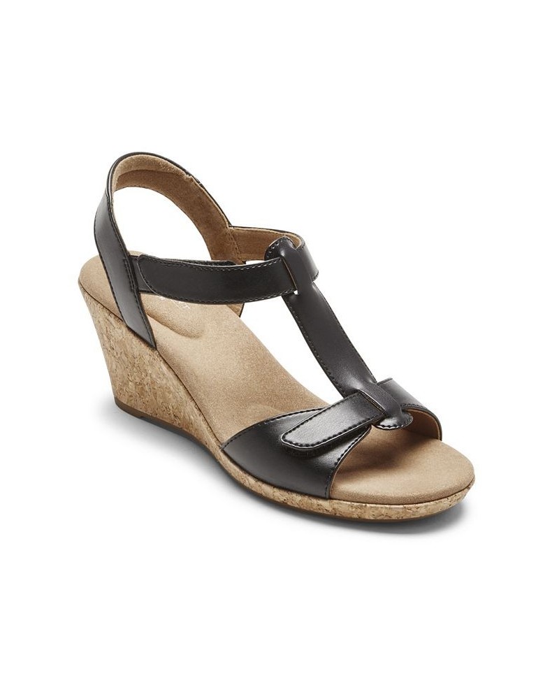 Women's Blanca T Strap Wedge Sandals Black $41.76 Shoes