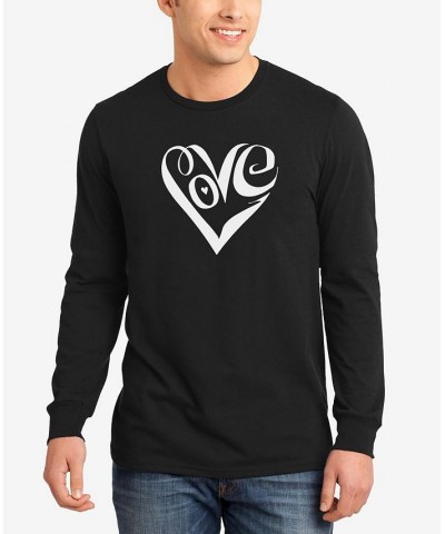 Men's Word Art Long Sleeve Script Love Heart T-shirt Black $17.20 T-Shirts