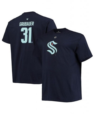 Men's Branded Philipp Grubauer Deep Sea Blue Seattle Kraken Big and Tall Name Number T-shirt $16.40 T-Shirts