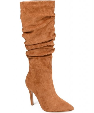 Women's Sarie Wide Calf Ruched Stiletto Boots Cognac $38.40 Shoes