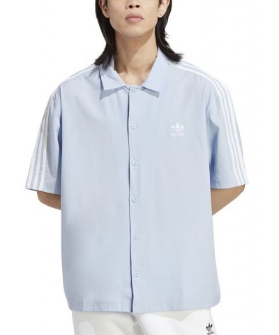 Men's Relaxed Fit Adicolor Classics 3-Stripes Button-Front Shirt Blue $27.00 T-Shirts